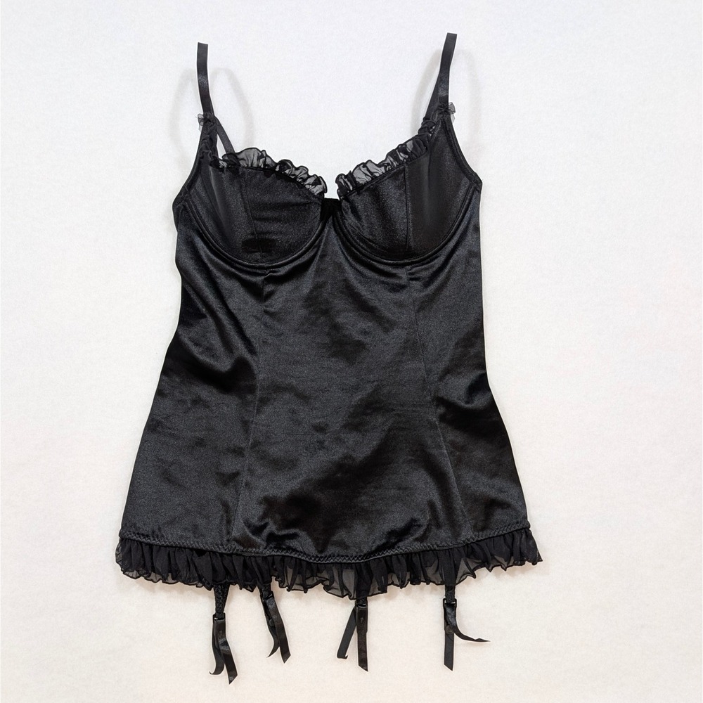 VS Sexy Little Things 36C Black Satin Balconette Garter Bustier Babydoll Top Y2K